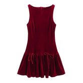 LIZAKOSHT  -  Women Christmas Red A-line Mini Dress Winter New Women Fashion Simple Sleeveless Slim Velvet Bow Short Dress Vestidos